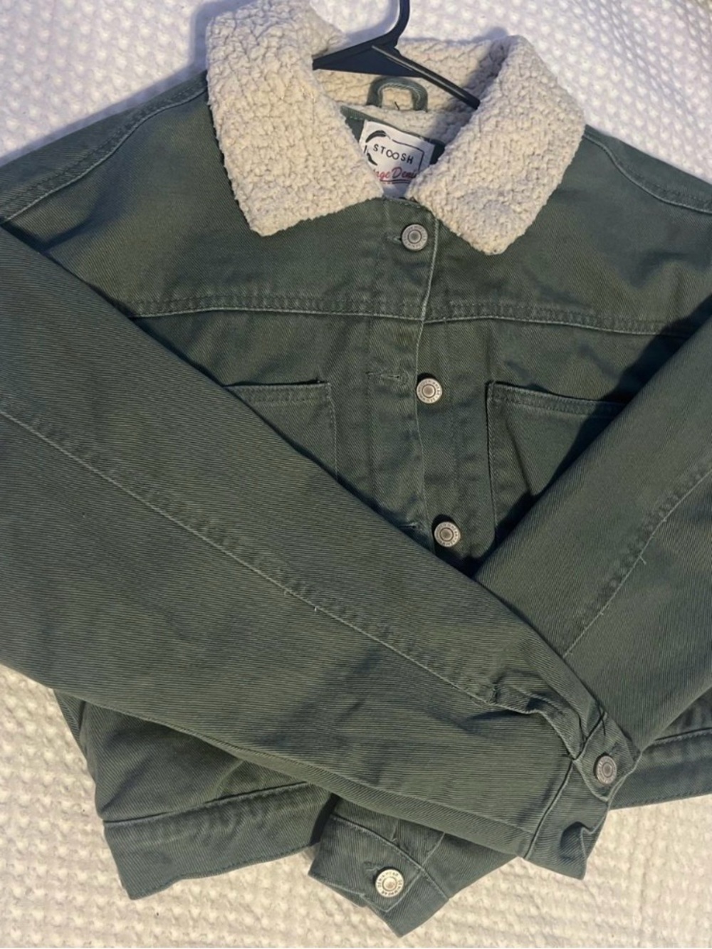 Stoosh Olive Sherpa Cropped Vintage Denim Jacket